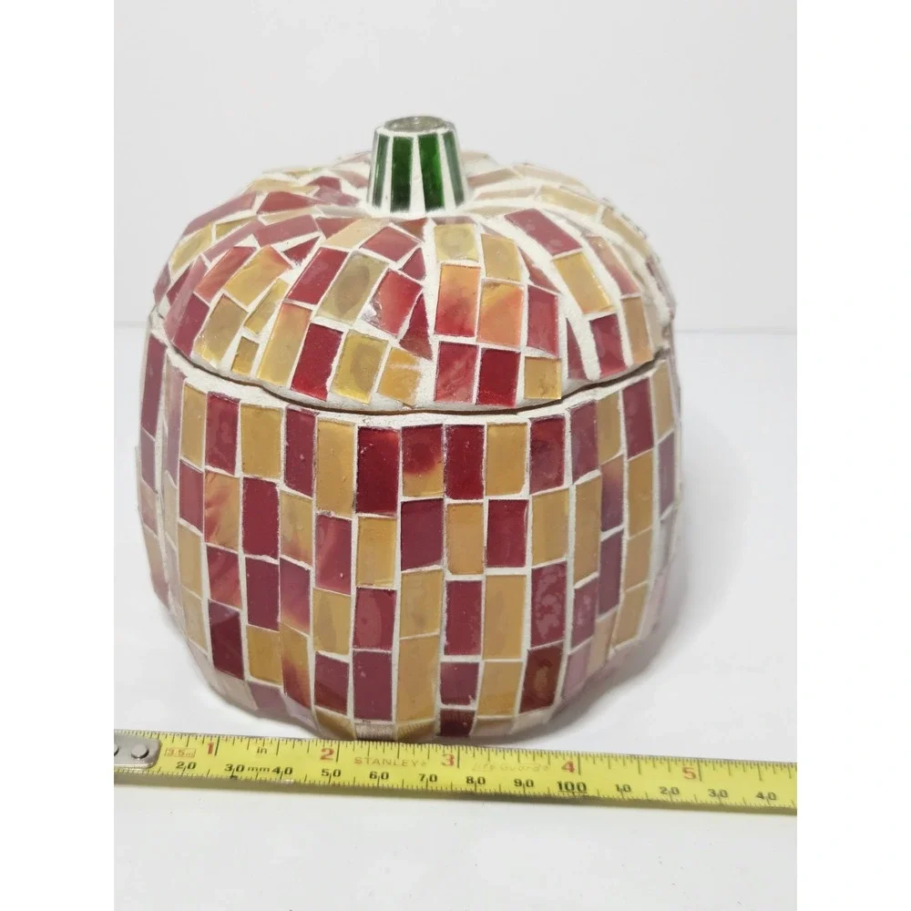Handmade Mosaic Glass Pumpkin Trinket Box Candle Holder Fall Halloween Decor 5in